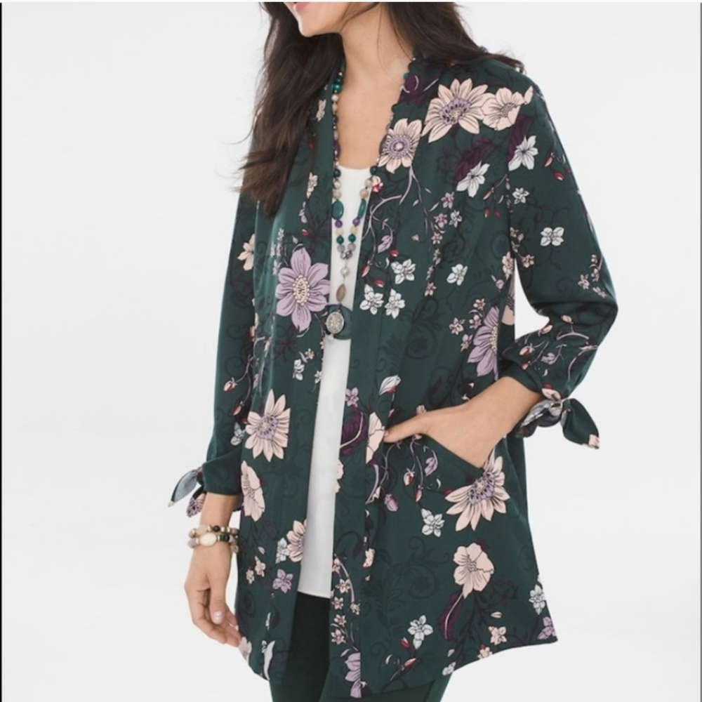 Chicos Floral Tie-Sleeve Jacket Size 1